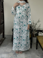 White & Green Lawn Kaftan Set for Women | 2 Piece Summer Kaftan with Dupatta