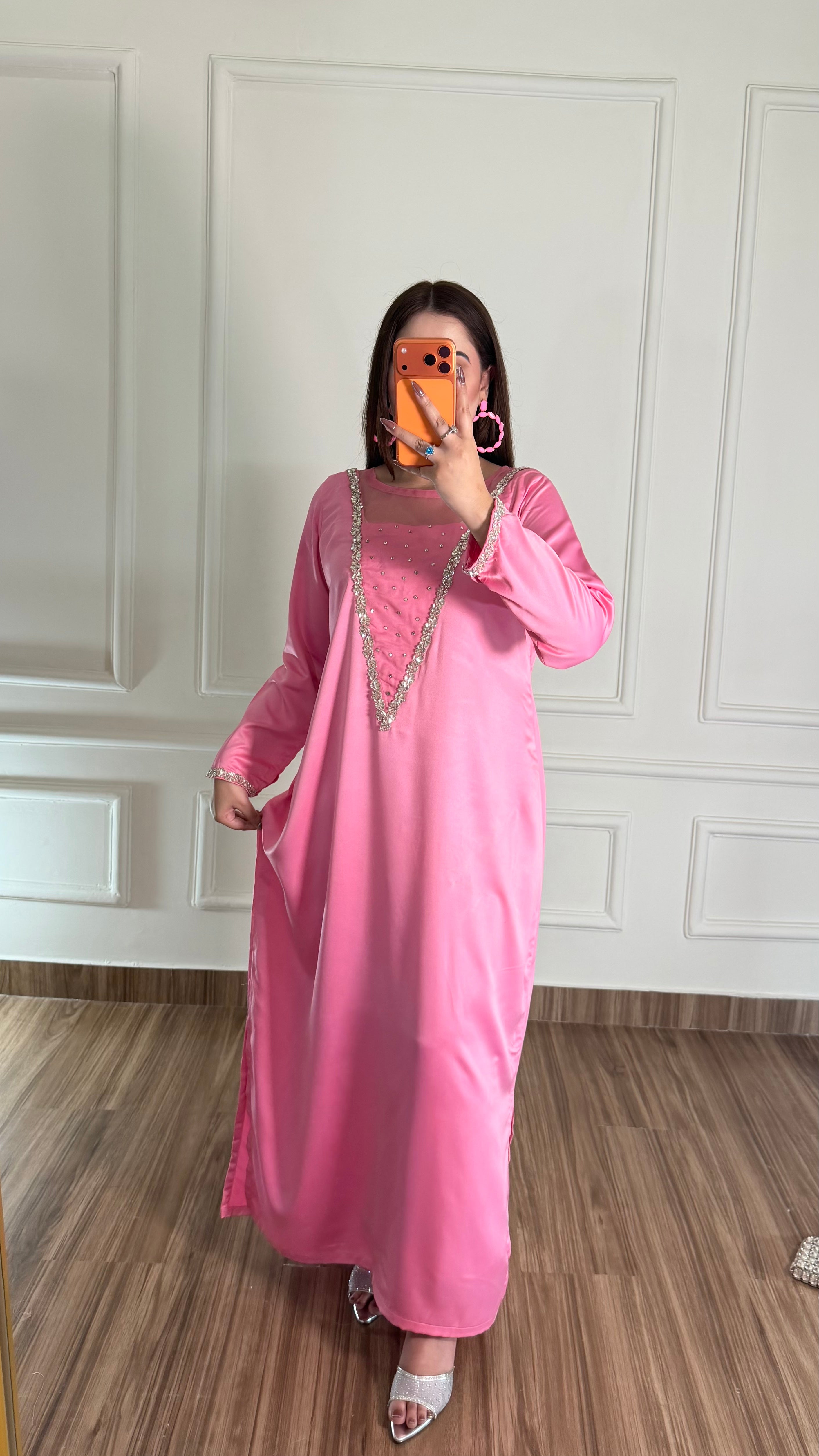 Pink Crust Silk Kaftan for Women | Hand Embellished Luxury Kaftan Dress