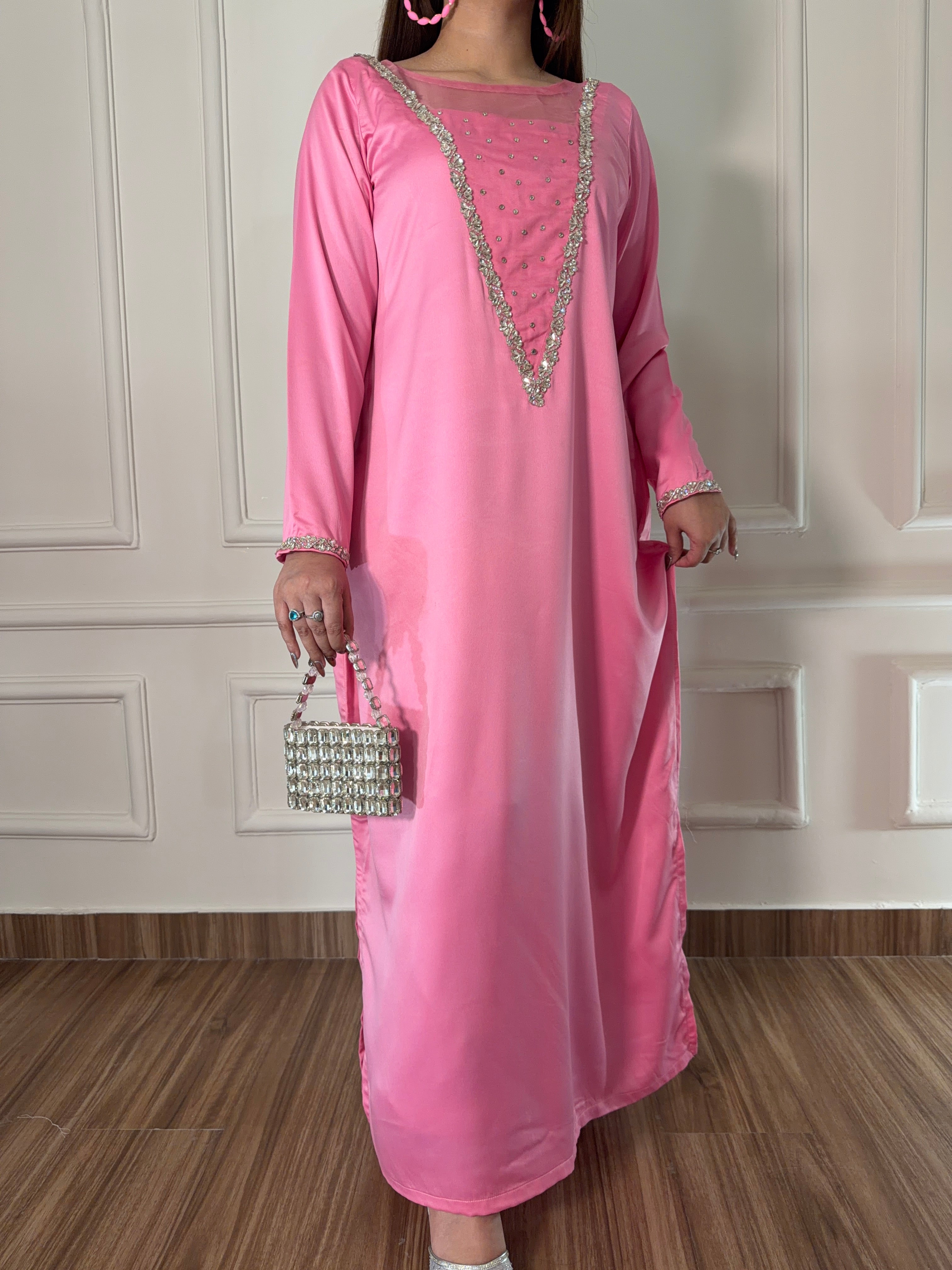 Pink Crust Silk Kaftan for Women | Hand Embellished Luxury Kaftan Dress