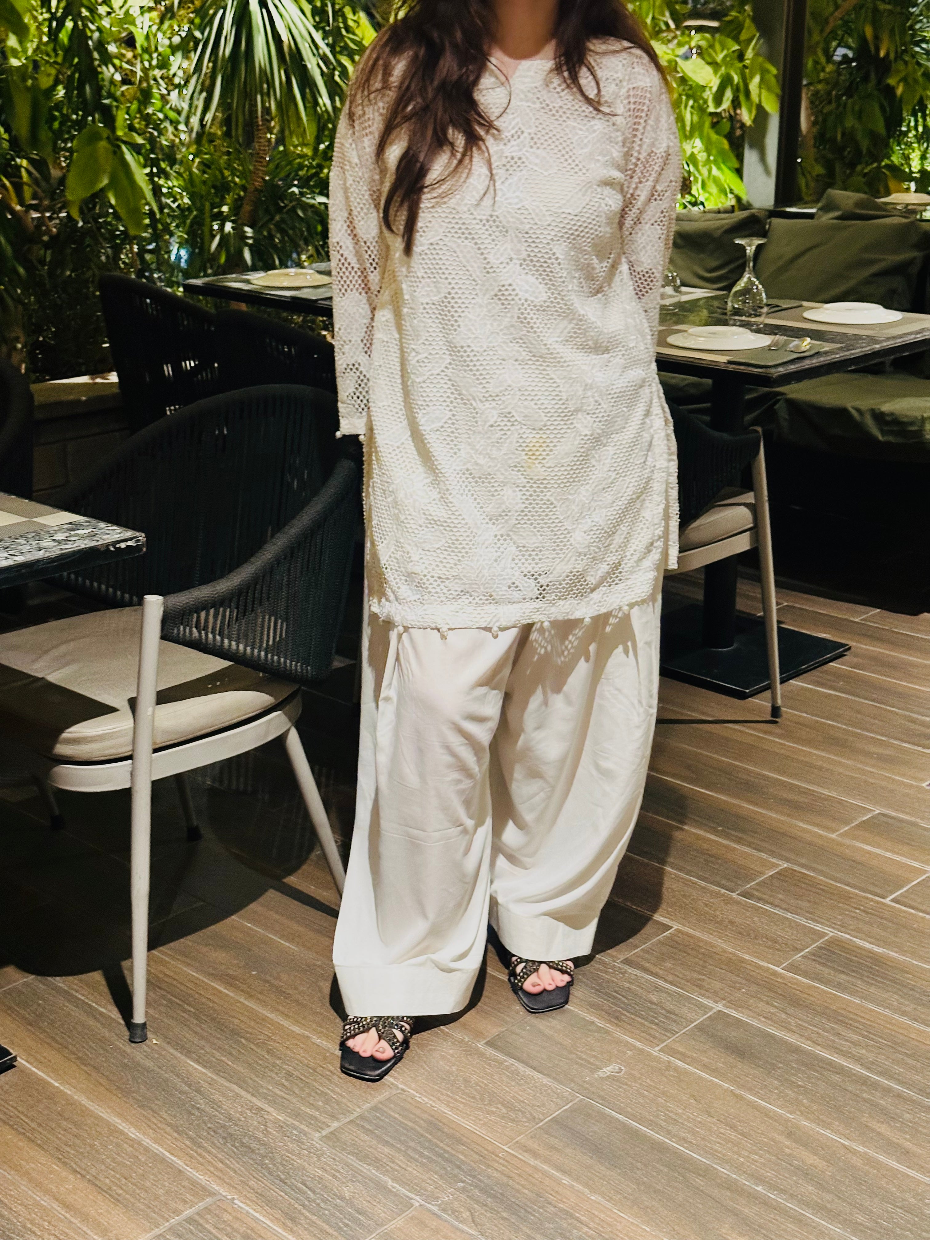 Safaid Chand Chikankari Farshi Shalwar Set for Women | White 2 Piece Embroidered Outfit