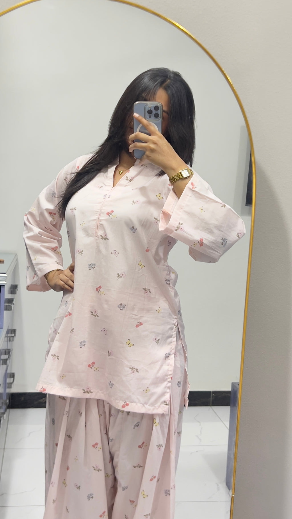 Pink Printed Farshi Shalwar Set for Women | 2 Piece Lawn Summer Outfit