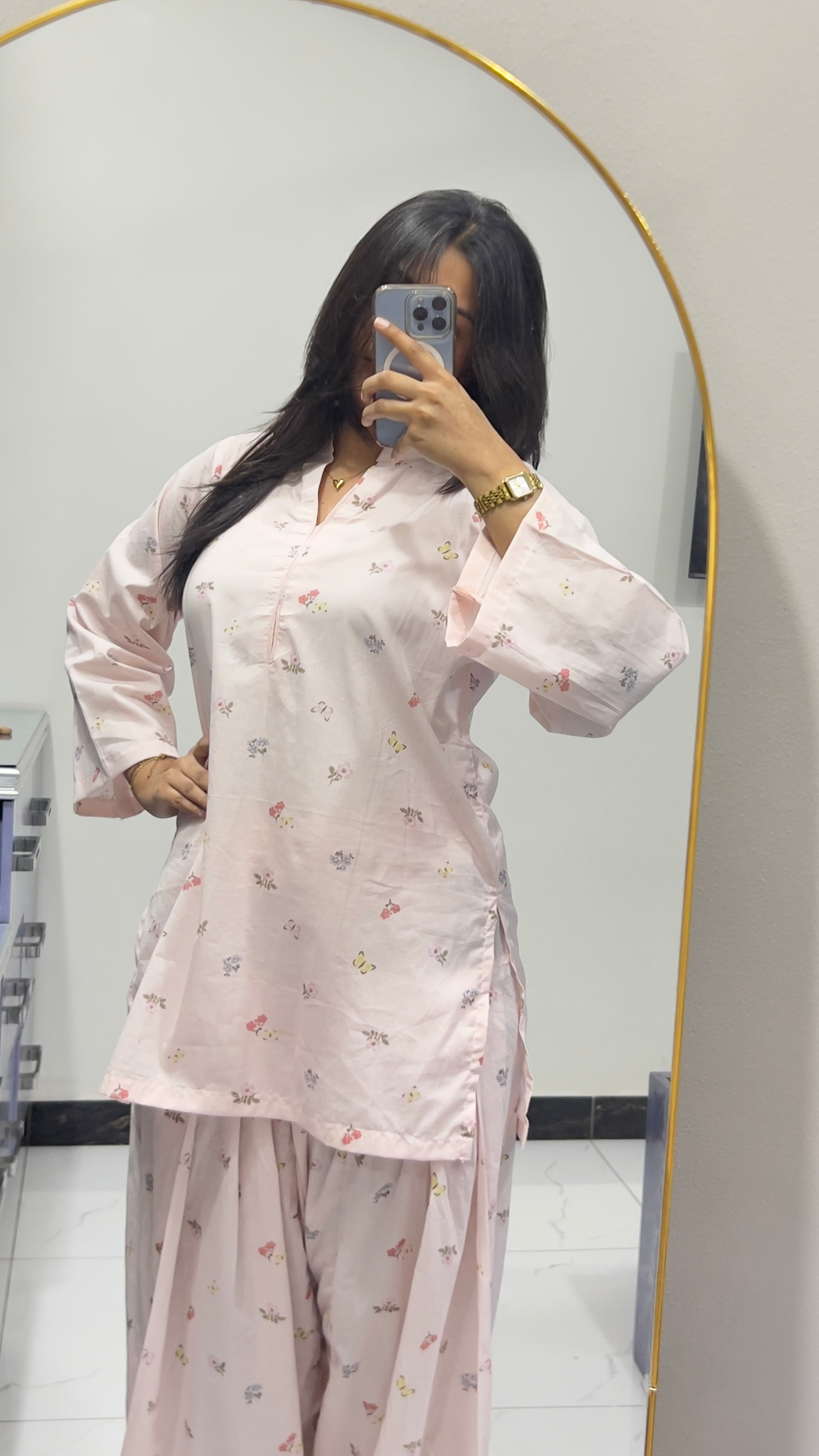 Pink Printed Farshi Shalwar Set for Women | 2 Piece Lawn Summer Outfit