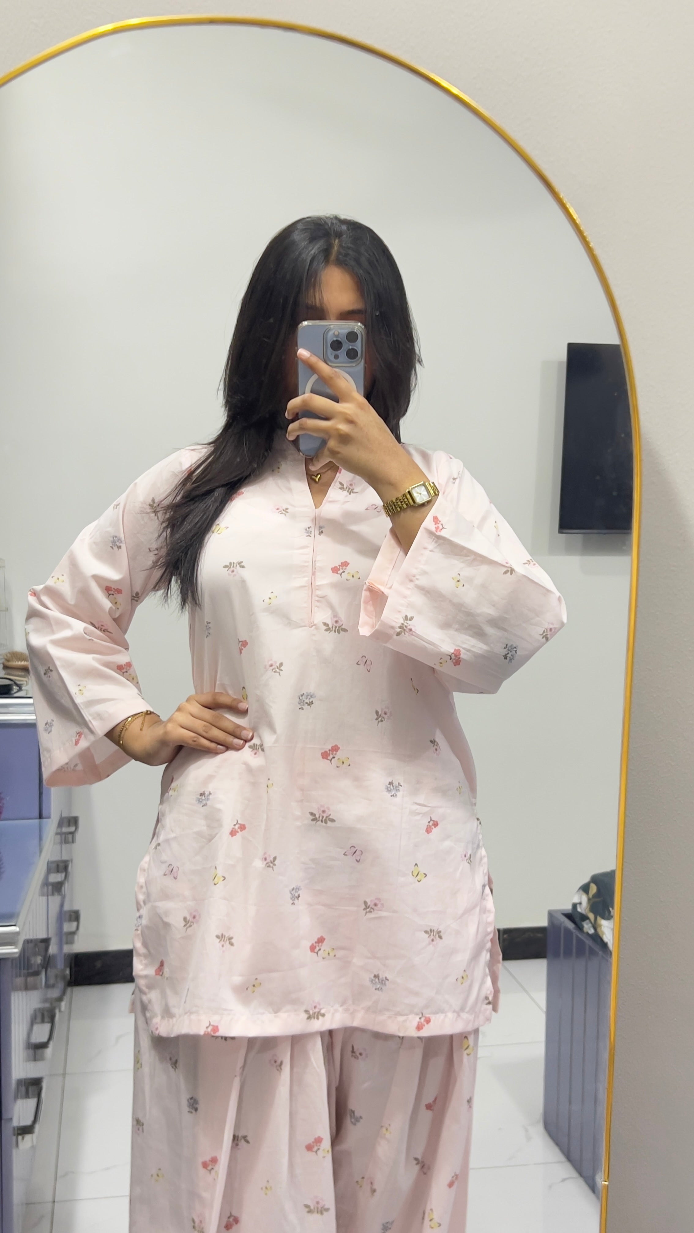 Pink Printed Farshi Shalwar Set for Women | 2 Piece Lawn Summer Outfit