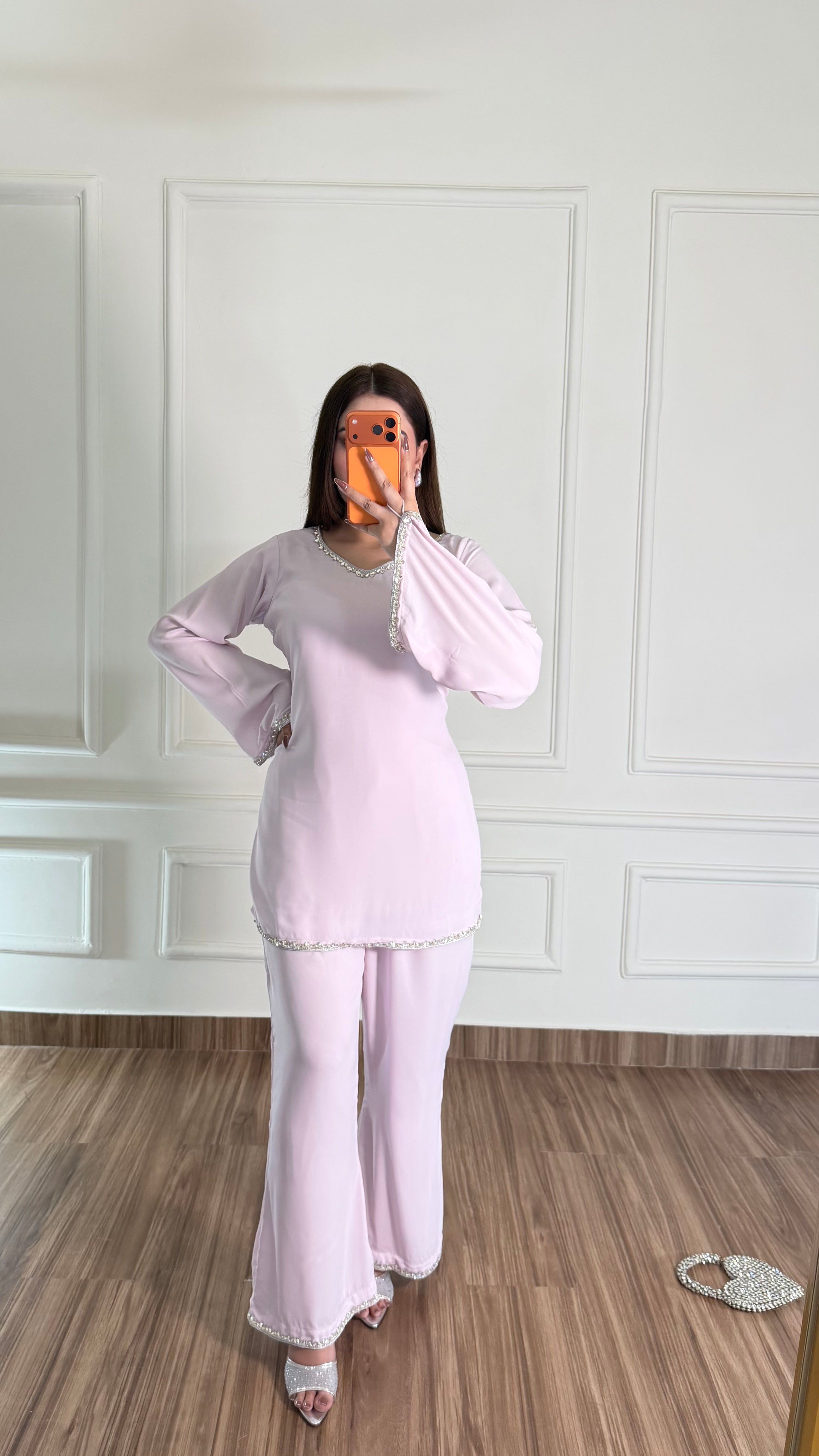 Lilac Georgette Two Piece Set for Women | Hand Embellished Shirt & Plazo