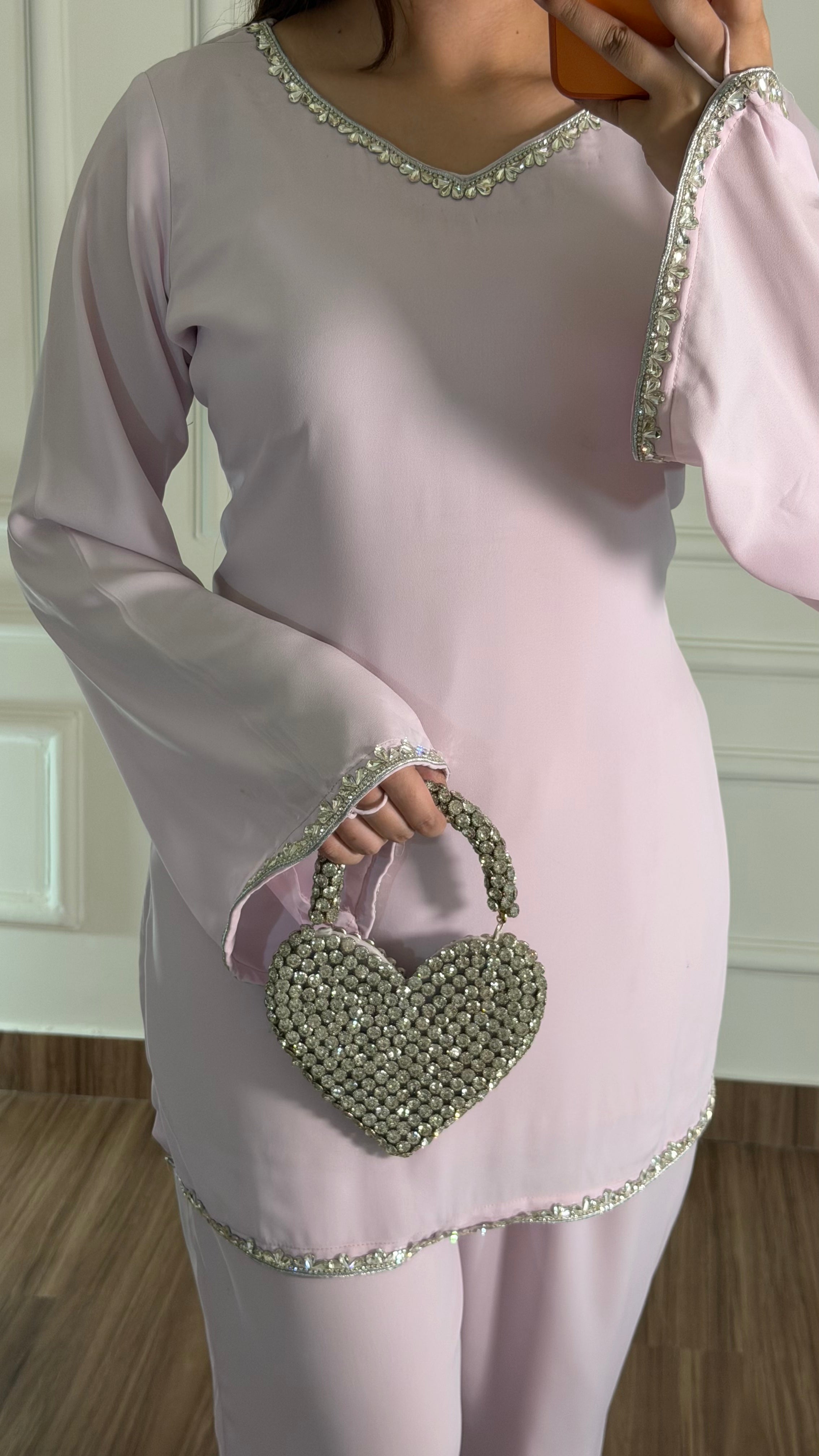 Lilac Georgette Two Piece Set for Women | Hand Embellished Shirt & Plazo