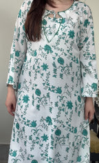White & Green Lawn Kaftan Set for Women | 2 Piece Summer Kaftan with Dupatta